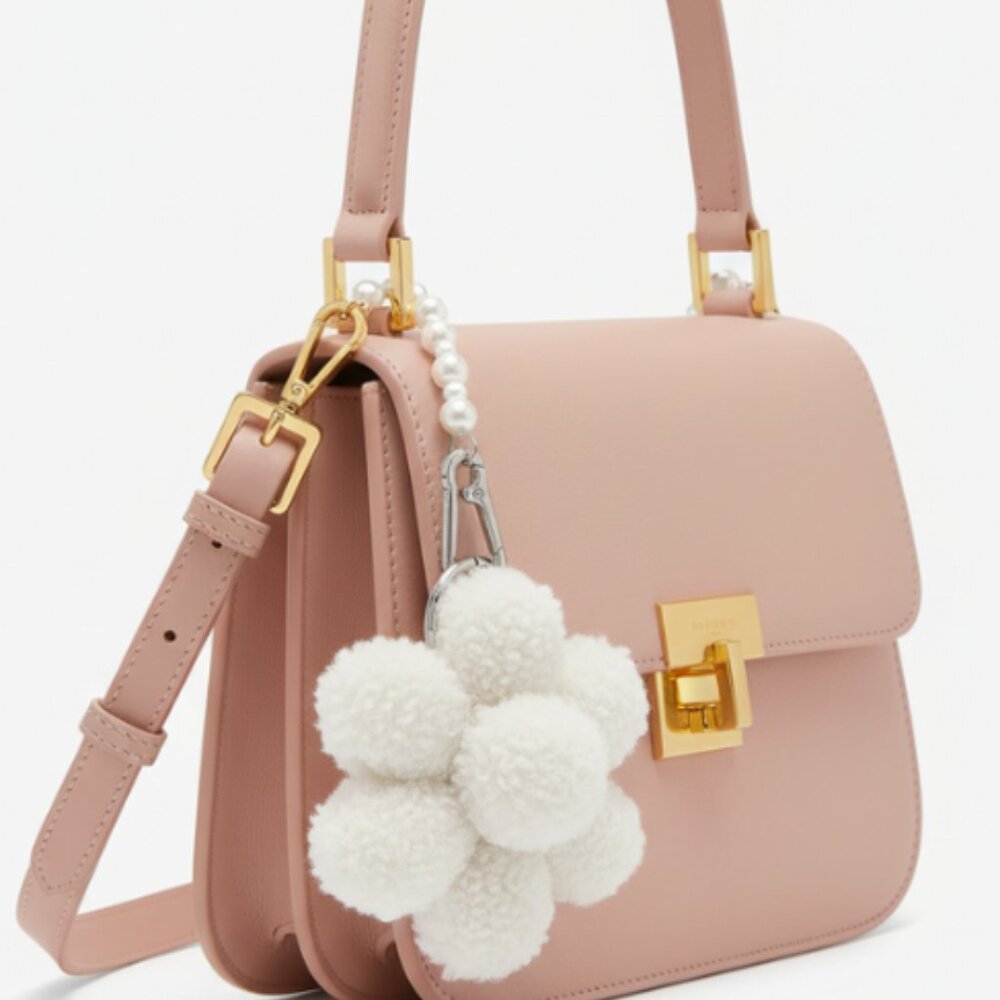 No Boundaries Faux Shearling Flower Bag Charm Pearl Keychain Clip Women NWT